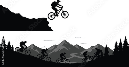 Mountain Biking Silhouette Set, Cliff Jump Scene, Trail Riders, Adventure Sport, Nature Landscape, Black Vector, Outdoor Action, Fitness Theme