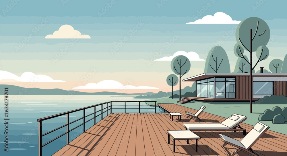 Fototapeta premium Lakeside Retreat Modern Home On A Deck Overlooking Serene Waters