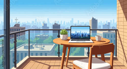 Scenic Balcony Workspace With City View And Laptop Illustration