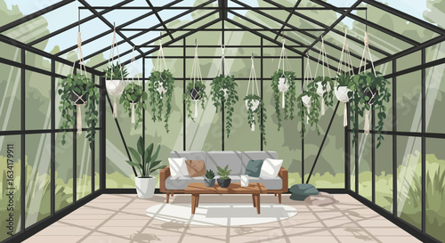 Greenhouse Interior With Hanging Potted Plants And Comfortable Furniture