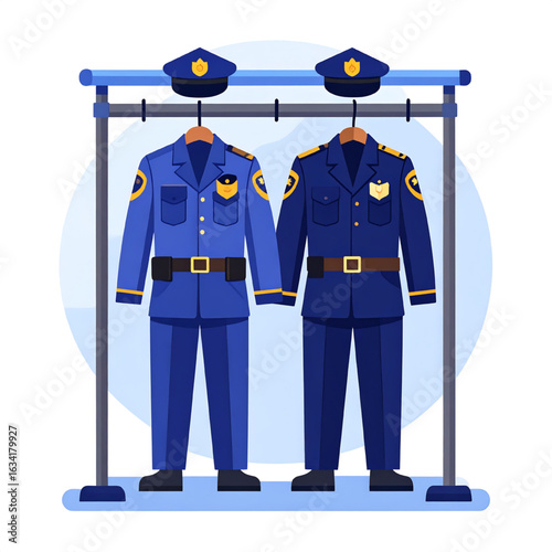 Two matching police officer uniforms hanging on a rack, ready for use.