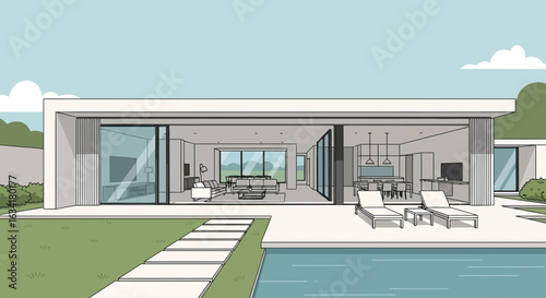 Modern Villa Design With Poolside Sun Loungers Illustration