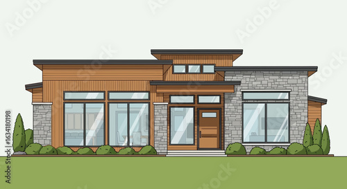 Modern Home Exterior With Lawn And Garden Front View Illustration