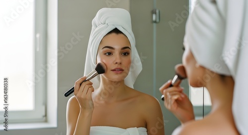 Woman applying makeup with brush in front of mirror. Beauty routine and self care concept for cosmetics and skincare.