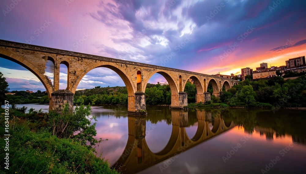 Fototapeta premium Stone Bridge over Douro River in Zamora, Spain at Sunset
