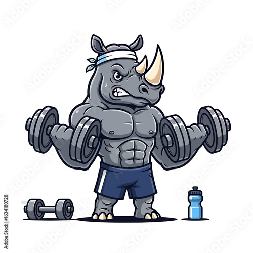 Muscular Rhino Mascot Lifting Dumbbells