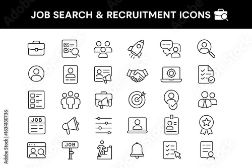 Job Search and Recruitment Line Icons – Resume, Interview, HR, Hiring, Career, and Candidate Selection Symbols
