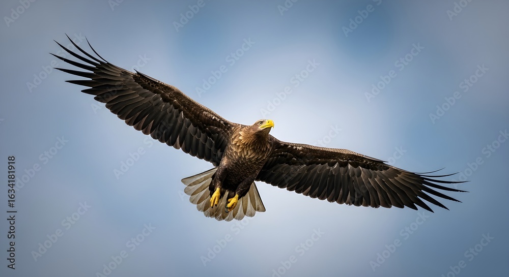 Obraz premium Sea eagle in flight with wings spread against a light blue sky. Majestic wild bird of prey soaring freely in air.