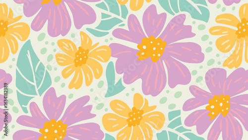 Pastel floral pattern featuring yellow and purple flowers with mint green leaves in a seamless design