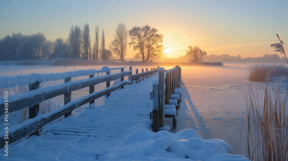 Fototapeta premium Snow-covered bridge over frozen lake at sunrise with silhouetted trees and sun in the distance. Peaceful scene.