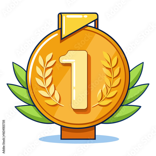Gold Medal with Number 1 and Laurel Wreath 3D Render