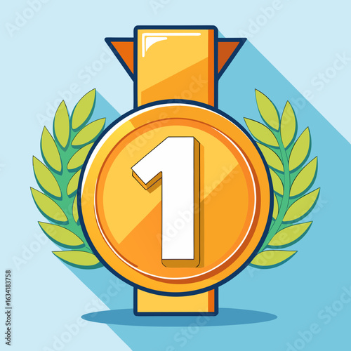 Gold Medal with Number 1 and Laurel Wreath 3D Render