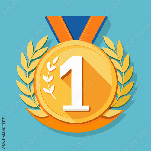 Gold Medal with Number 1 and Laurel Wreath 3D Render