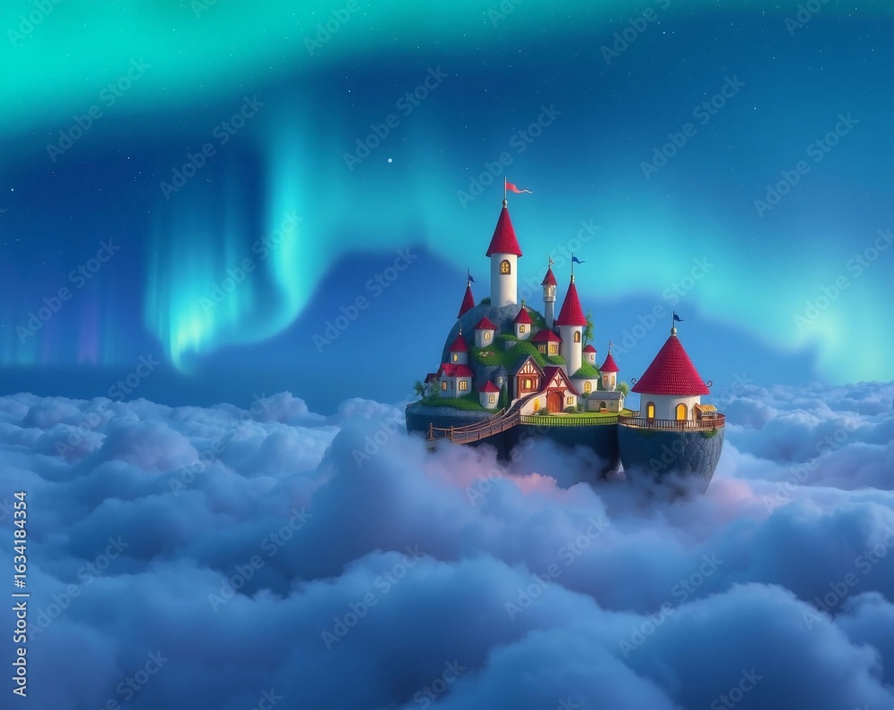 Fototapeta premium Enchanted Cloud Castle Under Breathtaking Aurora Borealis Skies
