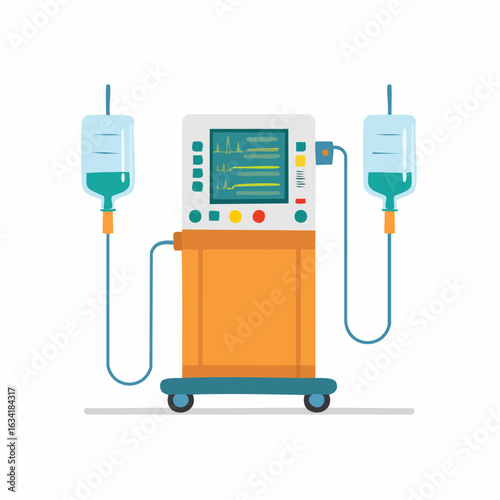 Medical ventilator with display and liquid medicine bags on wheels for patients in hospitals in intensive care unit ICU