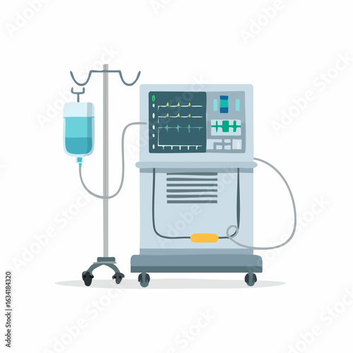 Medical equipment with EKG monitor and IV drip stand, digital illustration