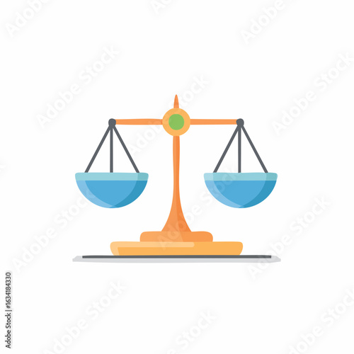 Balancing scale with two blue pans and orange stand symbolizing justice or measurement