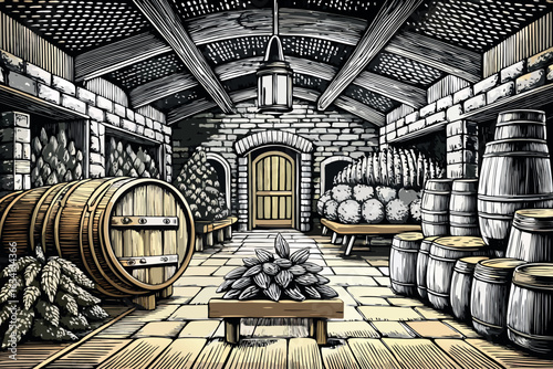 A vintage wine cellar with wooden barrels, brick walls, and a dimly lit atmosphere, perfect for aging wine