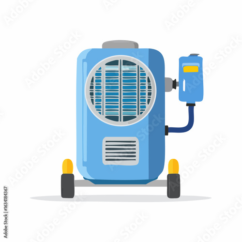 Illustration of a cartoon air cooler.  Blue cooling system with wheels.