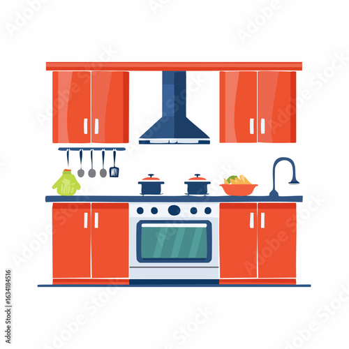 Vibrant modern kitchen interior with red cabinets blue oven range hood and cooking essentials