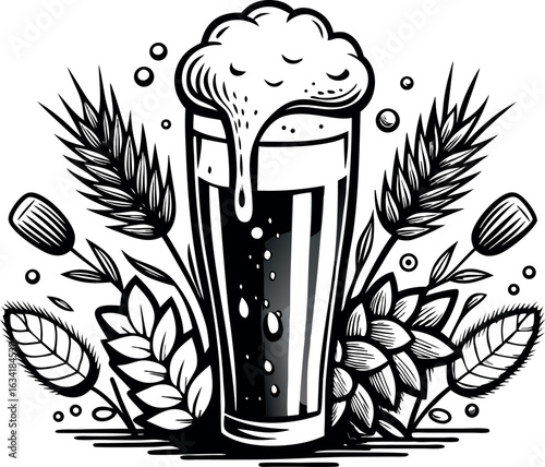 Elegant beer glass illustration with floral elements isolated on white background, suitable for brewery branding
