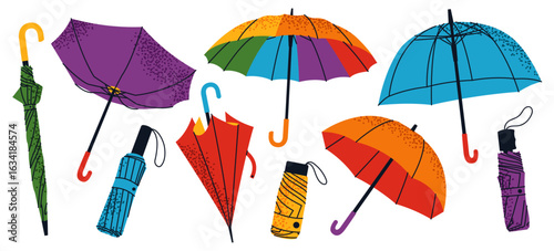 Weather protection, rainy season essentials. Various umbrellas - folded, open, transparent and colorful. Rain accessories for autumn and spring.