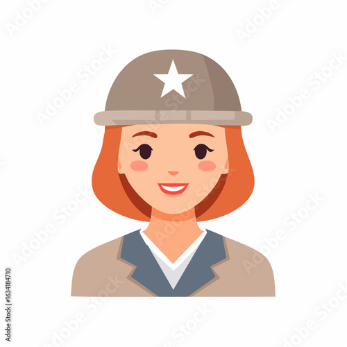 Smiling woman soldier character in a military helmet with a star