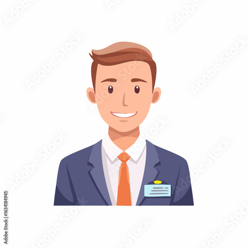 Professional man in suit with ID badge smiling warmly in a friendly business setting illustration