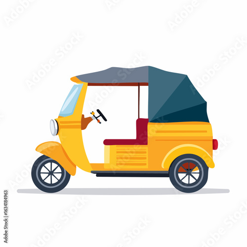 Bright yellow three-wheeled auto rickshaw with dark canopy and red seats.