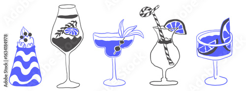 blue and black summer drinks set in hand drawn style in vector. Elements for design advertisement stickers posts poster print postcard banner menu decor backgrounds