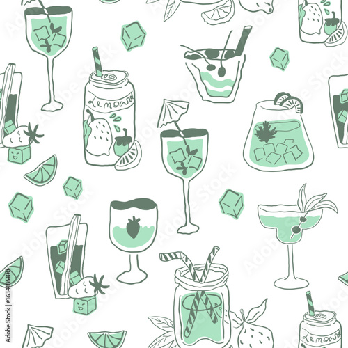 seamless pattern with summer drinks in hand drawn style. Element for background, wallpaper, banner, backdrop, decoration, wrapping, packaging, prints, textile