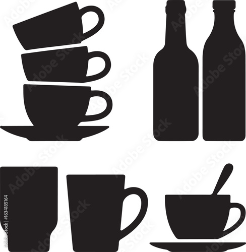 Stacked cups bottles and mugs drinks beverages