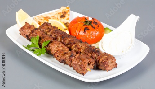 Delicious koobideh kebab platter with grilled tomato, flatbread, and yogurt dip for dinner