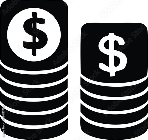 Two stylized stacks of coins one taller than the other both featuring prominent dollar signs representing financial growth and wealth accumulation