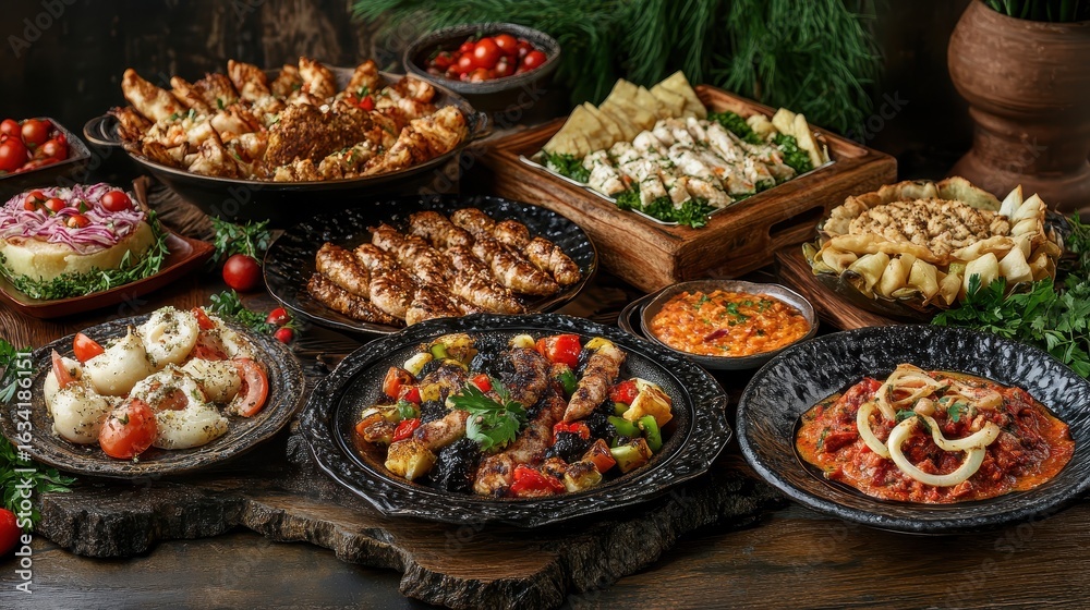 Fototapeta premium Colorful Variety of Delicious Dishes on a Rustic Wooden Table