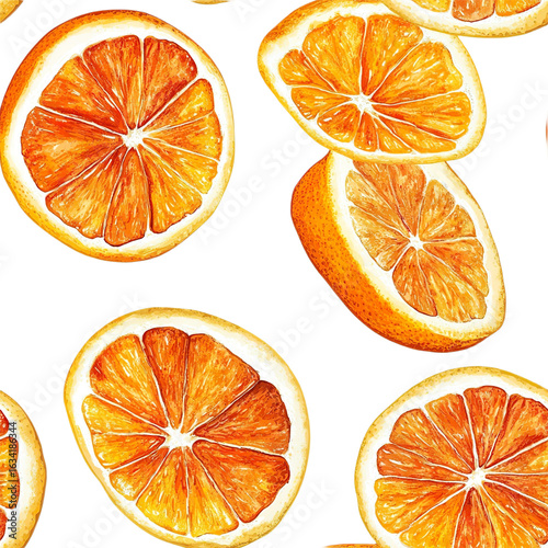 2D illustration of a tileable pattern of tangelo slices isolated on a white transparent background.