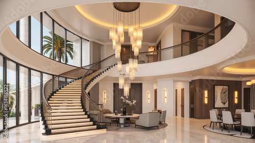 A luxurious two-story modern mansion interior with a grand spiral staircase illuminated by cascading cylindrical chandeliers
 
