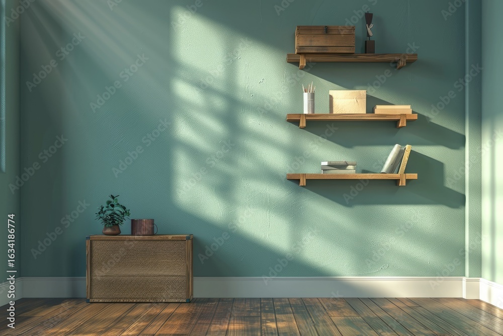 Obraz premium High Definition Visual of a Room with a Shelf and a Box of Things on the Wall