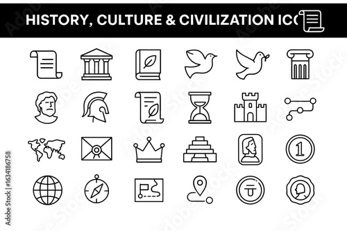 History, Culture, and Civilization Line Icons – Monuments, Ancient Artifacts, Symbols, Crowns, and Cultural Heritage
