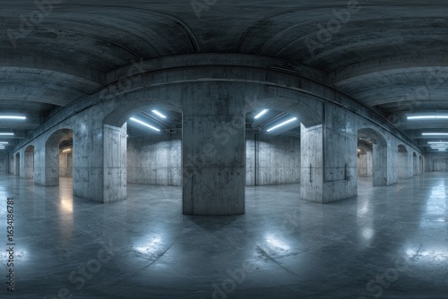 360 degree full panorama environment map of empty futuristic neon light dark concrete basement 3d render illustration hdri hdr vr virtual reality.