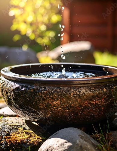Water feature, stone bowl, garden