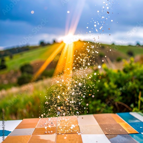 Water splashing in sunbeams