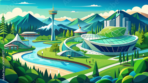 Olympic Park Munich Landscape Vector Illustration