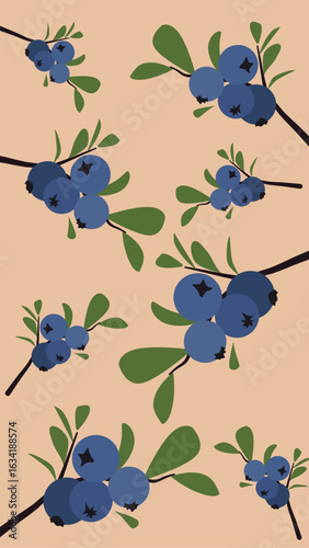 Bog bilberry with leaves. Tasty fresh bog blueberry. Vertical background. Flat vector illustration.