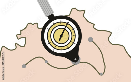 The opisometer measures the distance between points on the map. Curvimeter. Flat vector illustration.