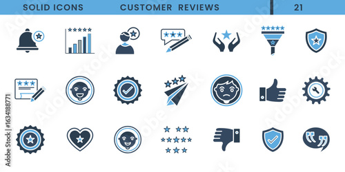 Customer reviews solid icons. Vector icon set of product reviews including customer feedback, rating, and others