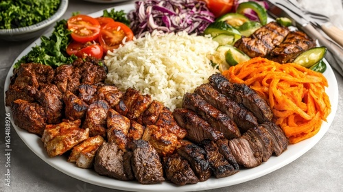 Delicious Mixed Grill Platter with Rice and Fresh Vegetables