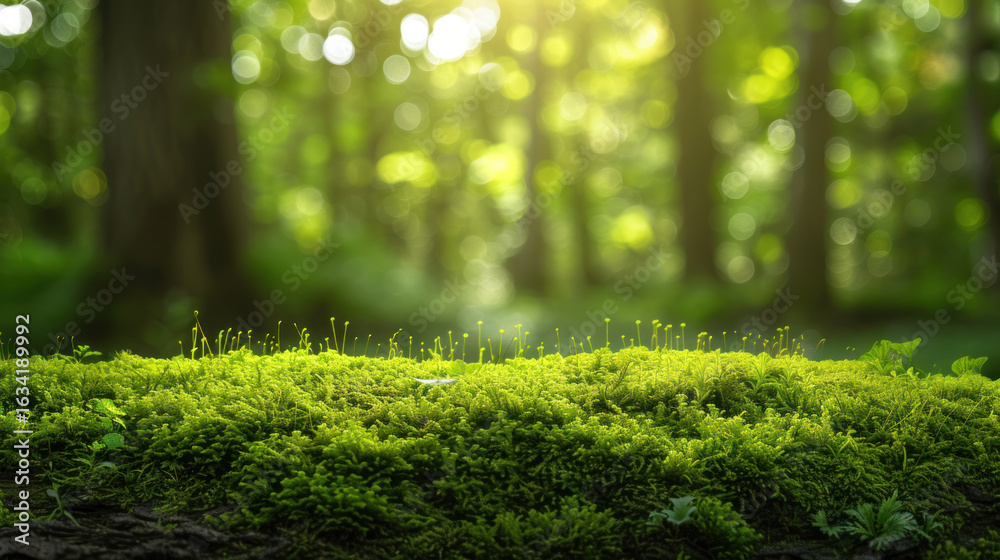 Fototapeta premium Sunlight filtering through a lush forest canopy illuminates a moss-covered log on the forest floor.