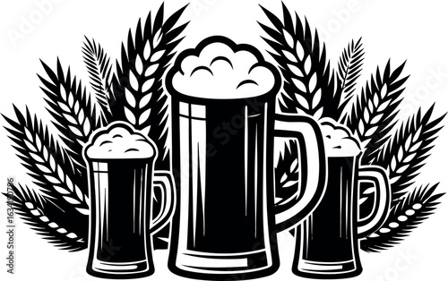 Illustration of three beer mugs with wheat stalks isolated on white background, perfect for brewery design