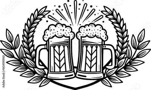 Illustration of two beer mugs toasting with wheat wreath isolated on white background, perfect for celebration